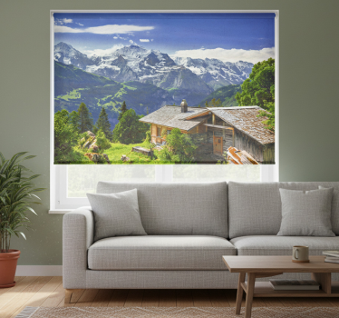 Rolgordijn woonkamer grindelwald sneeuwbergen en groen veld - TenStickers