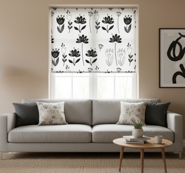 Rolgordijn woonkamer met zwart-witte bloemen - TenStickers
