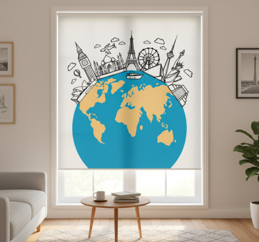 Rolgordijn woonkamer wereldkaart bezienswaardigheden - TenStickers