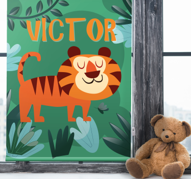 Blije tijger met naam kinderkamer rolgordijn - TenStickers