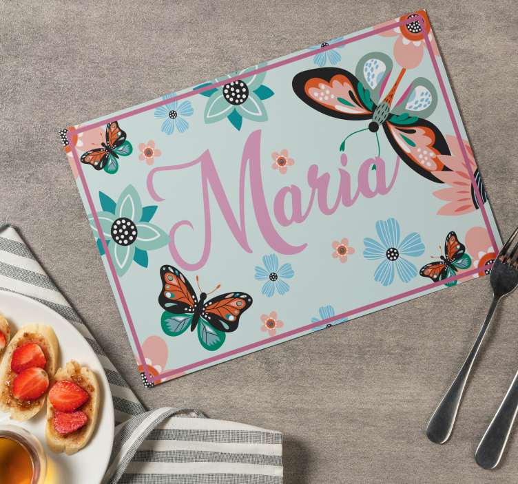 Bloem en vlinders met naam Rechthoekige placemats - TenStickers