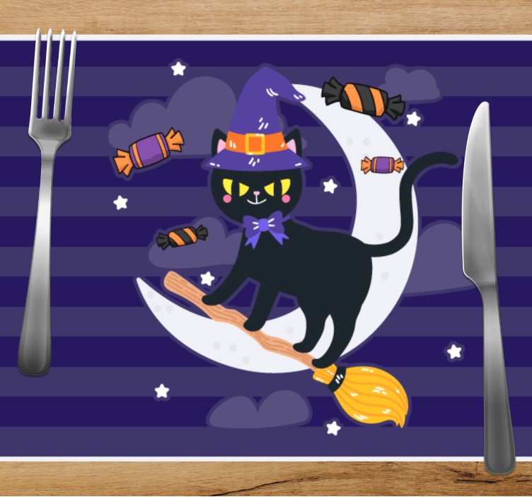 Halloween placemat heksachtige kat op bezem - TenStickers