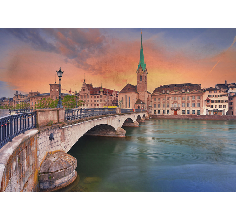 Fotobehang steden en landen zurich brug zonsondergang - TenStickers