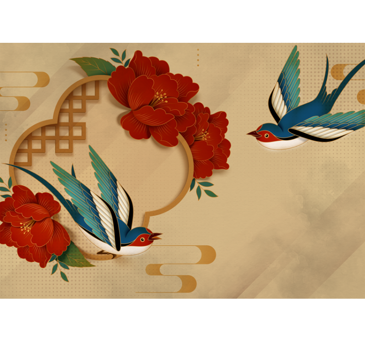 Fotobehang bloemen zwaluw en bloesems - TenStickers