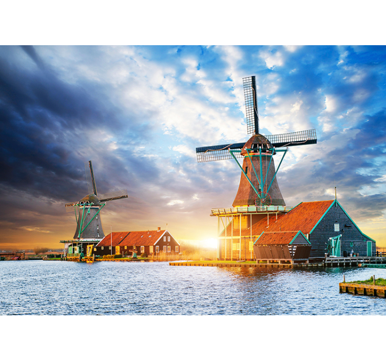 Nederlandse windmolenzonsondergang foto behang Amsterdam - TenStickers