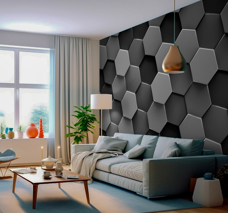 3D-hexagonen Fotobehang woonkamer - TenStickers