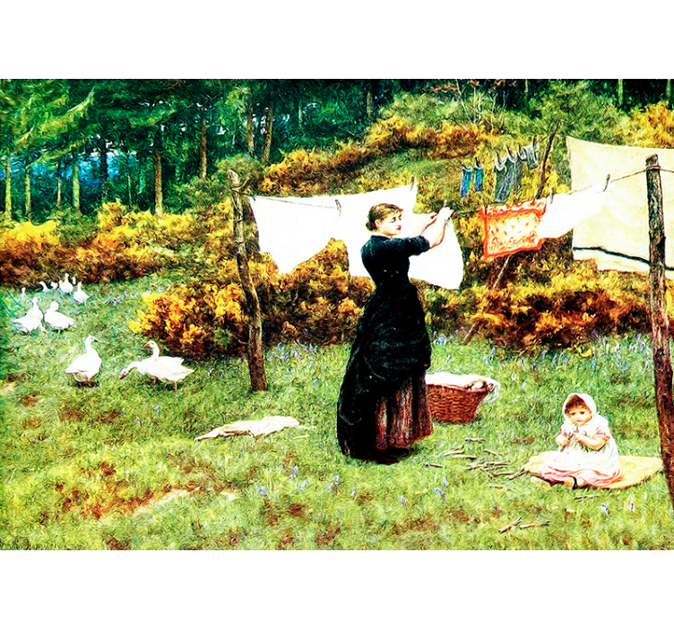 Vrouw hangt wasgoed op fotobehang klassieke kunst - TenStickers