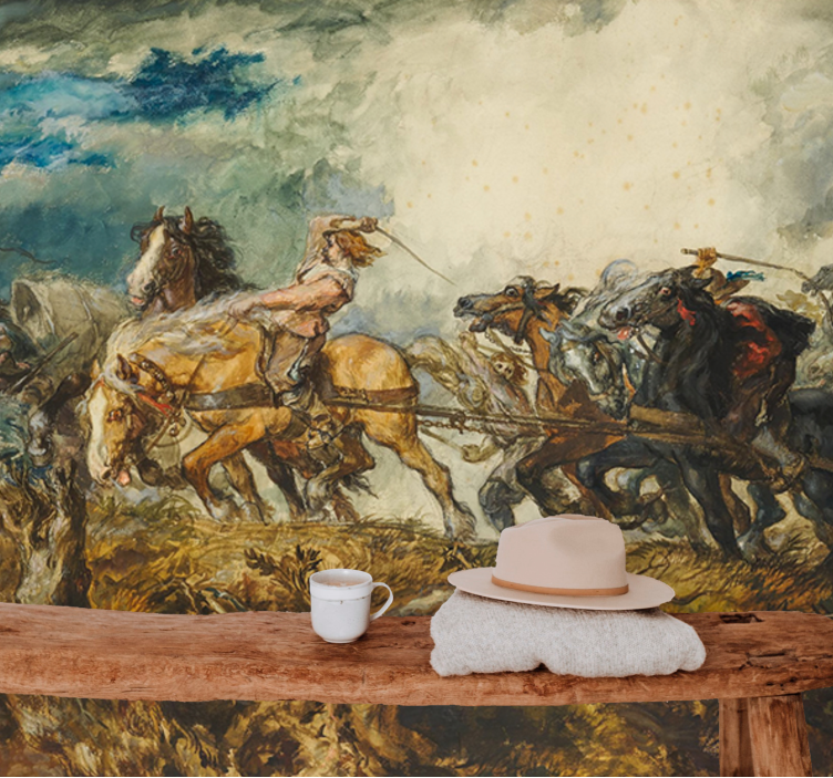 Door paarden getrokken chaos fotobehang klassieke kunst - TenStickers