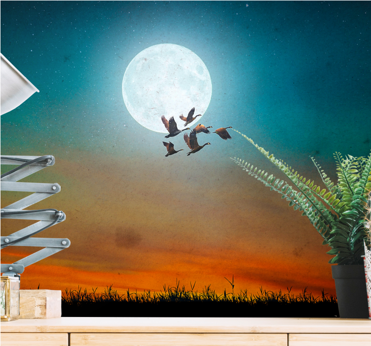 Foto behang natuur moonlit sky flock - TenStickers