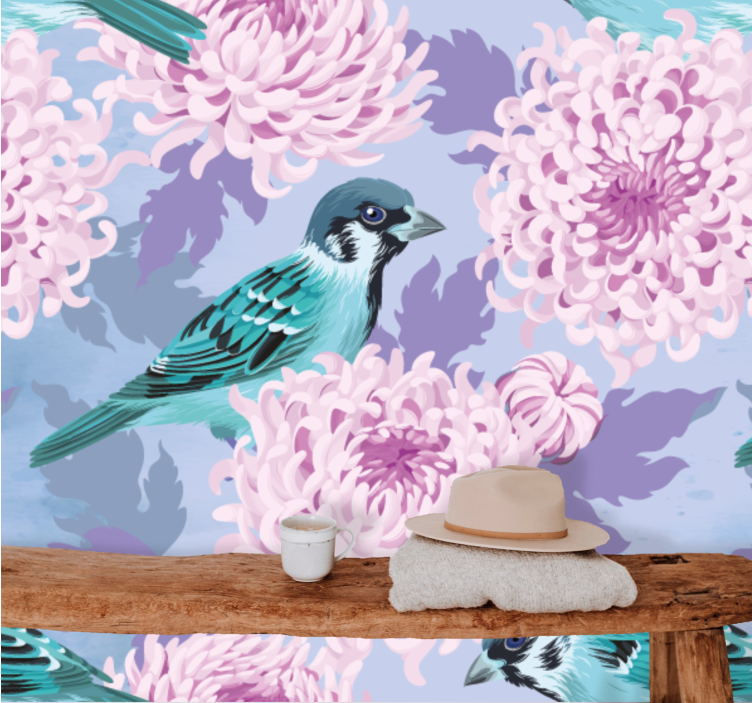 Fotobehang bloemen blauwe vogel bloesems - TenStickers