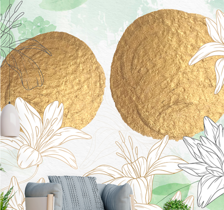 Fotobehang bloemen met gouden bloemaccenten - TenStickers