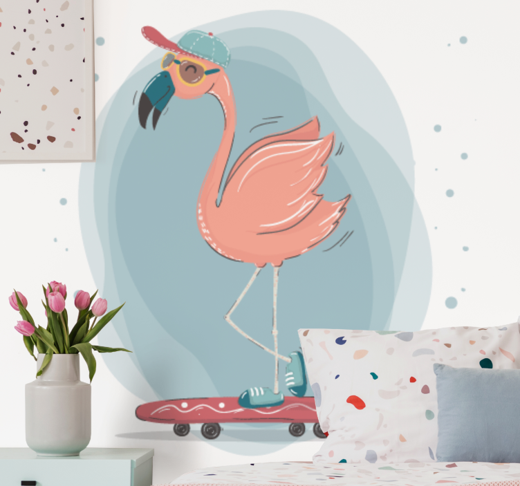 Fotobehang dieren flamingo skateboardplezier - TenStickers