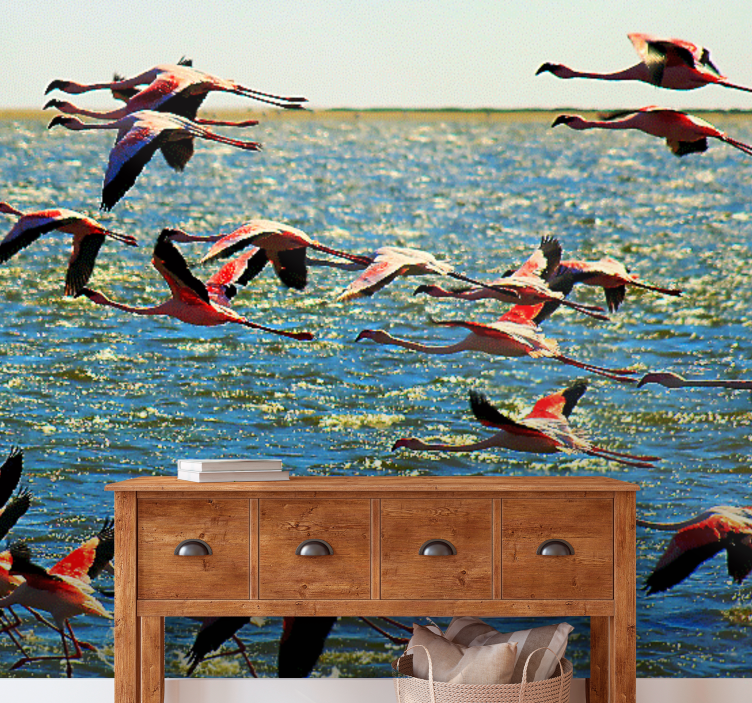 Fotobehang dieren vliegende flamingo's groep - TenStickers