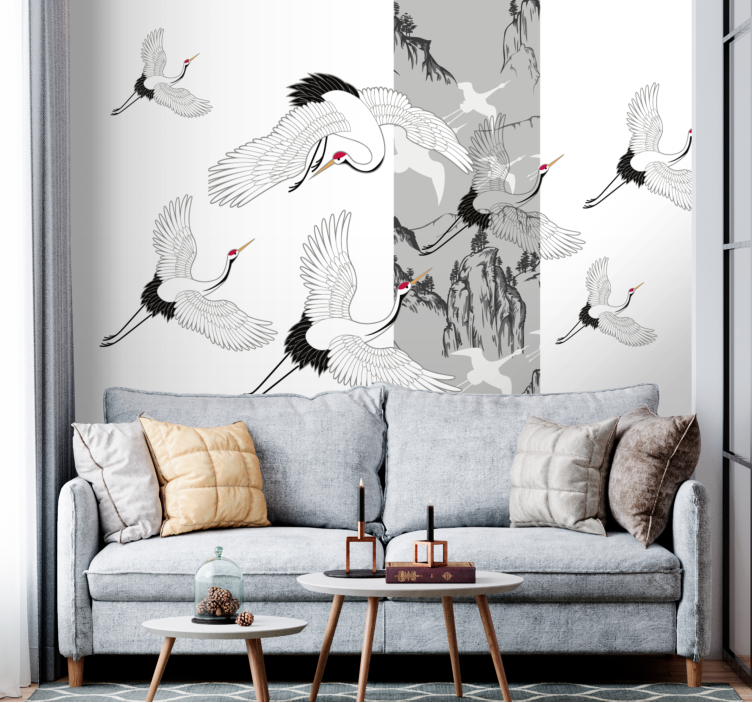 Fotobehang dieren vliegende kraanvogels design - TenStickers