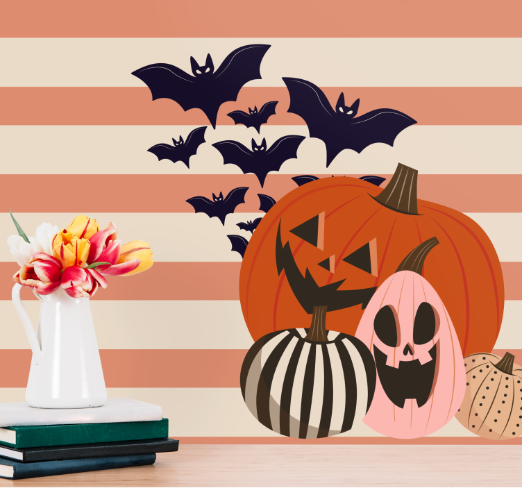 Fotobehang halloween jack-o-lantaarns en vleermuizen - TenStickers