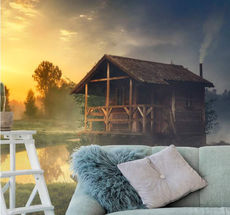 Fotobehang landschap serene cabin zonsondergang - TenStickers