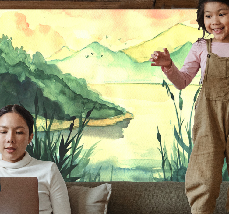 Serene handgetekende landschap fotobehang meer - TenStickers