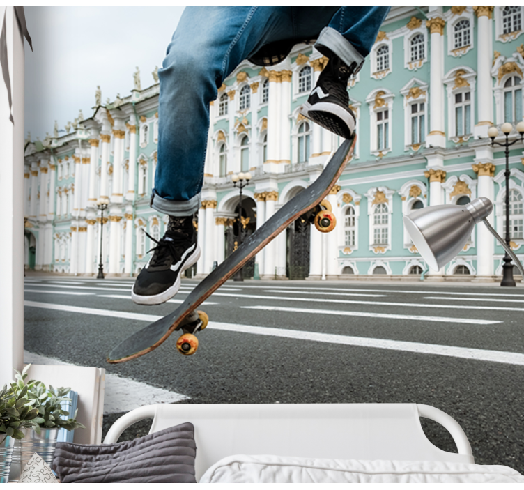 Skateboarder in beweging fotobehang stad - TenStickers