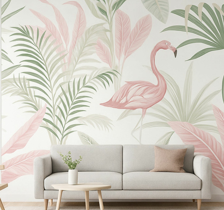 Tropische flamingo-oase fotobehang woonkamer - TenStickers