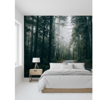 Behang bos mistige dennenweg - TenStickers