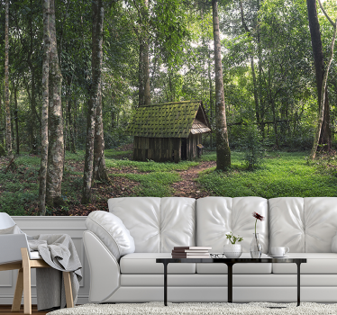 Afgelegen houten hut foto behang bos - TenStickers