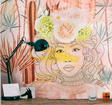 Fotobehang kunst bloemig portret illustratie - TenStickers