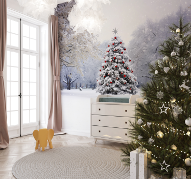 Kerstspar in de sneeuw Fotobehang kerst - TenStickers