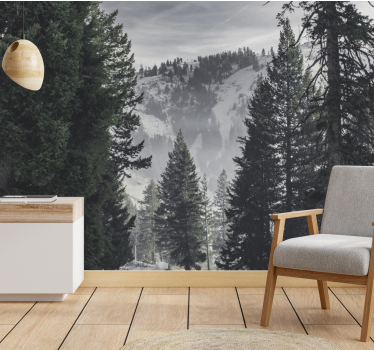 Besneeuwde pijnboom scène foto behang bos - TenStickers