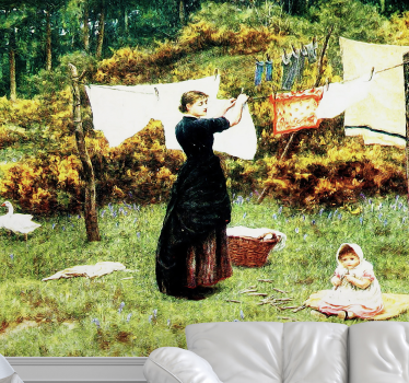 Vrouw hangt wasgoed op fotobehang klassieke kunst - TenStickers