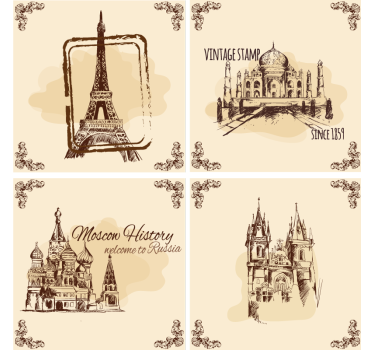 Vintage onderzetters met historische landmark illustraties - TenStickers