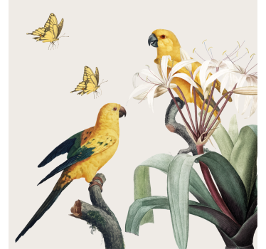 Mooie poster woonkamer papegaaien met gele bloemen en vlinders - TenStickers