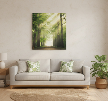 Mooie poster woonkamer groen bos met de zon - TenStickers