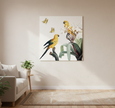 Mooie poster woonkamer papegaaien met gele bloemen en vlinders - TenStickers