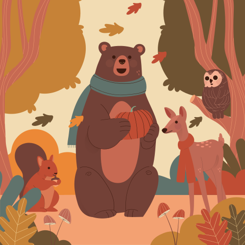 Poster kinderkamer blije dieren in herfstbos - TenStickers