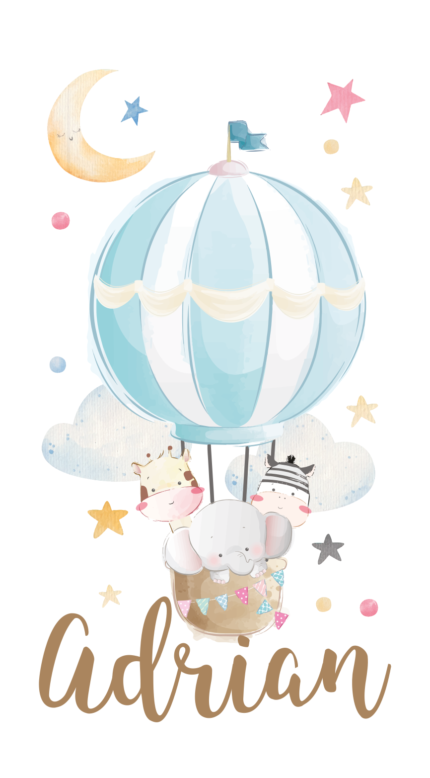 Poster kinderkamer drie dieren op ballonnen met sterren en wolken - TenStickers