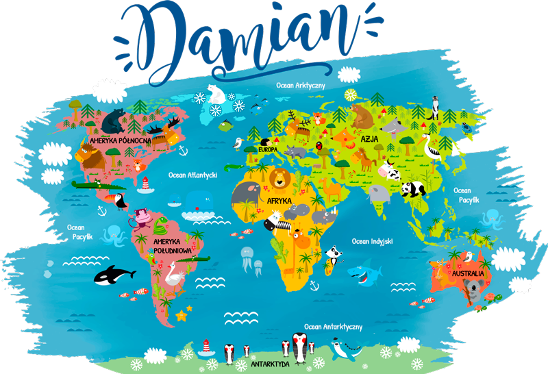 Wereldkaart poster dieren met poolse namen - TenStickers