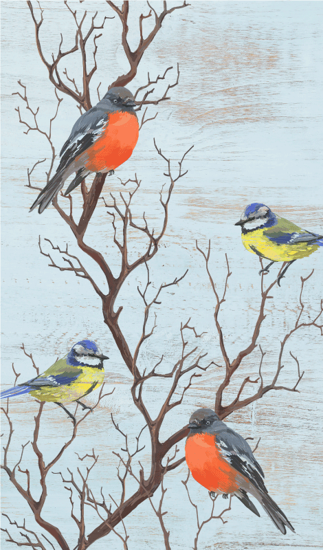 Poster vintage blauwe bomen met vogels - TenStickers