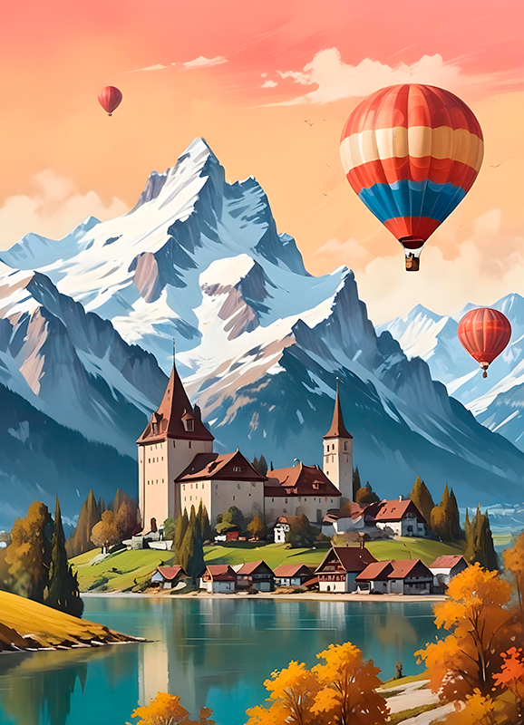 Poster landschap stadt "chateau d'oex" - TenStickers