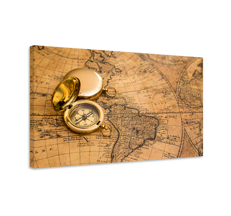 Wereldkaart canvas schilderij antieke kompas en kaart - TenStickers