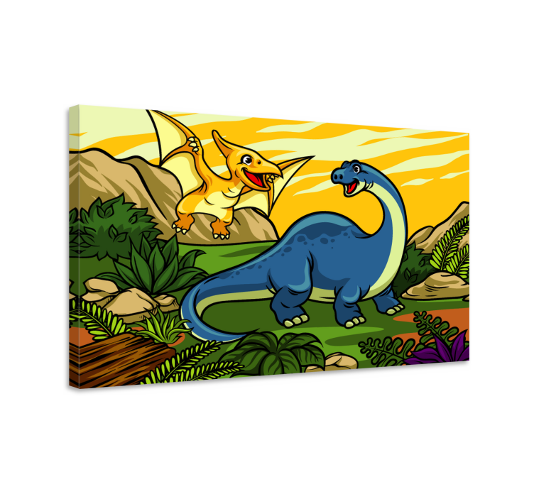 Canvas schilderij dinosaurus blije dinosaurussen spelen - TenStickers