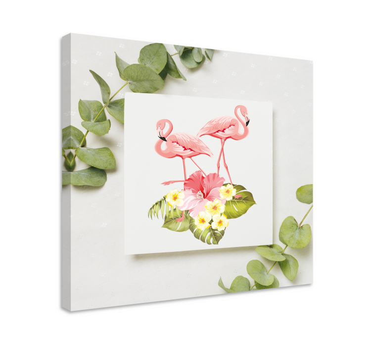 Flamingo's en hibiscus Canvas schilderij bloemen en planten - TenStickers