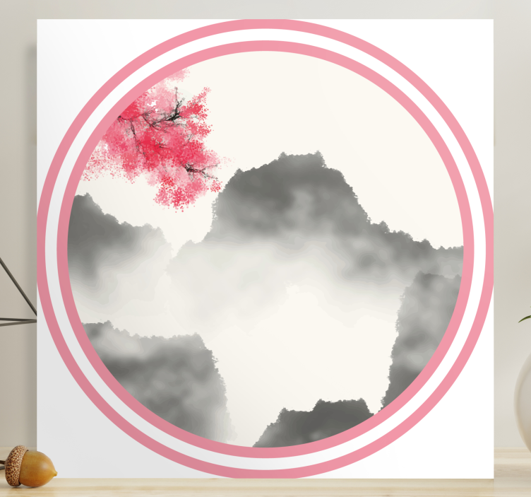 Bergsilhouet met bloesems Canvas landschap - TenStickers