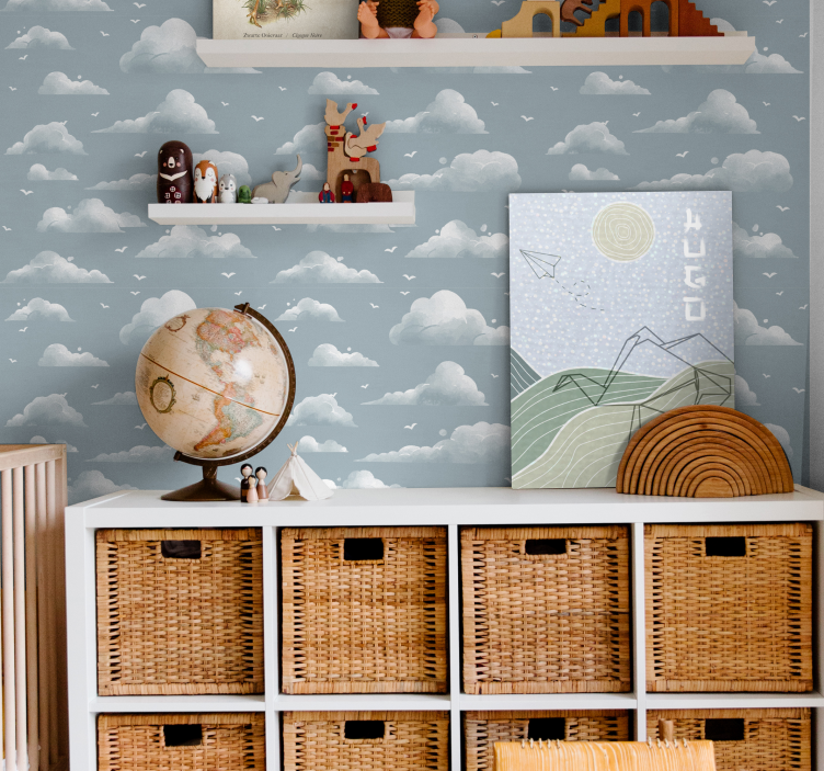 Blauwe wolken en vogels Canvas schilderij kinderkamer - TenStickers