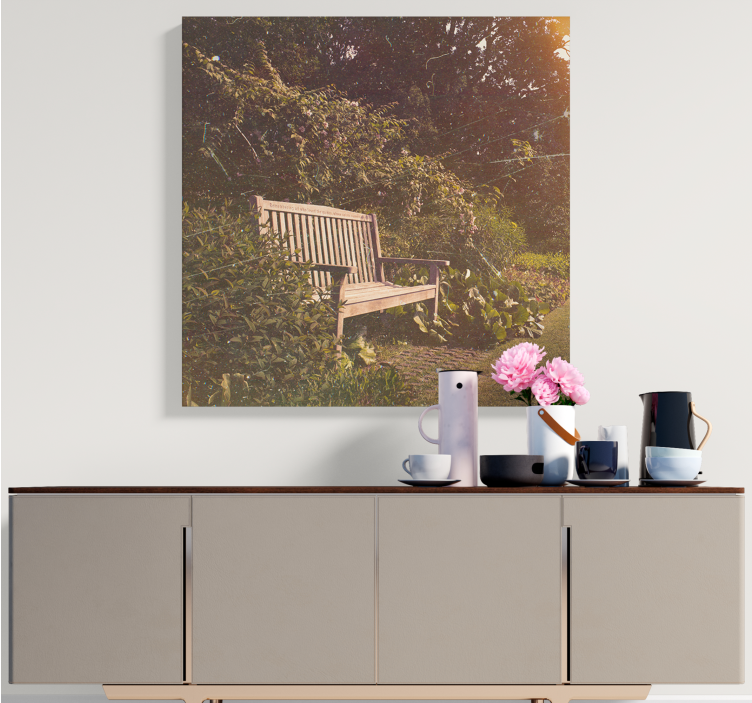 Canvas landschap serene tuinbank - TenStickers