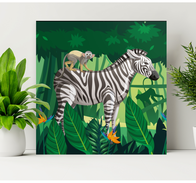 Canvas schilderij dieren zebra met aap - TenStickers