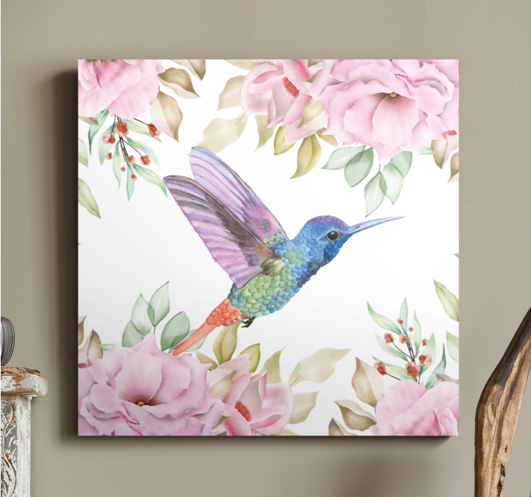 Canvas schilderij vogels kolibrie tussen rozen - TenStickers