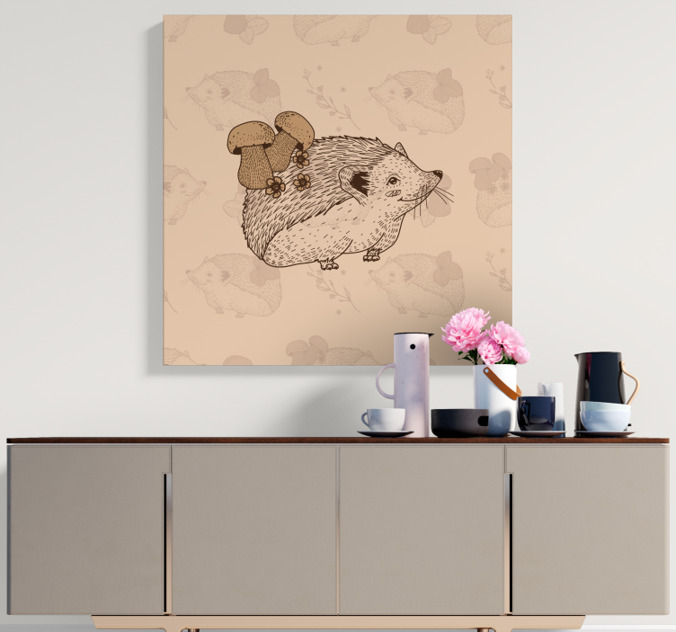 Beige egel met paddenstoelen Canvas schilderij dieren - TenStickers