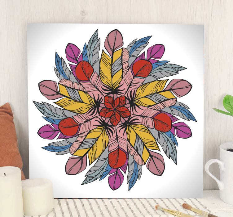 Kleurrijke veren mandala Ornament canvas schilderij - TenStickers