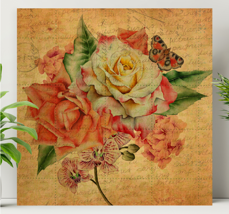 Rozen en vlinder Canvas schilderij bloemen en planten - TenStickers
