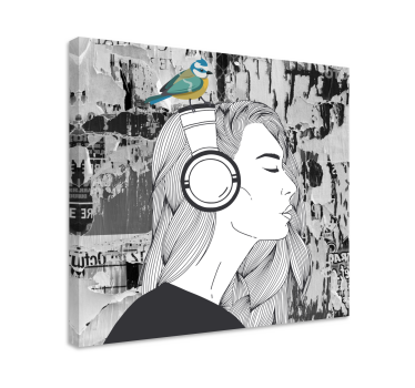 Canvas schilderij kunst Vrouw met koptelefoon en vogel - TenStickers